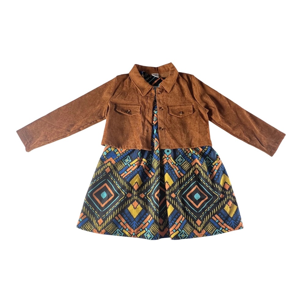 PatPat Girls 4-5Y Brown Corduroy Jacket Geometric Print Dress‎ Set